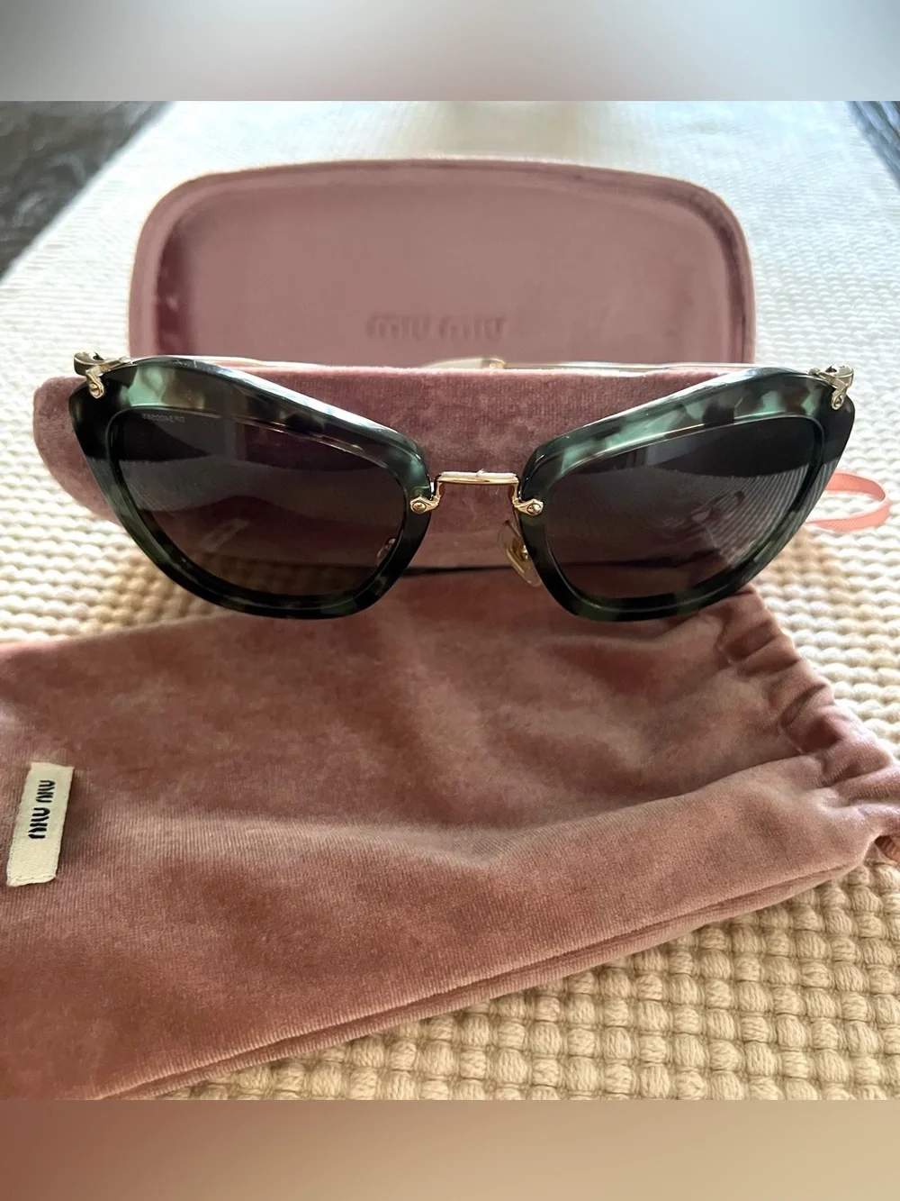 Miu Miu Green and Gold Round Cat-Eye Sunglasses